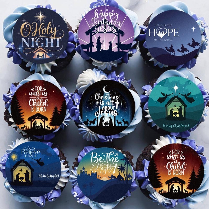 Fyeoxle 36PCS Edible Christmas Religious Nativity Cupcake Toppers Wafer Paper Happy Birthday Jesus Cupcake Picks Holy Nativity Toppers for Christmas Jesus Theme Party Decor Supplies (Pattern 1) - Image 1